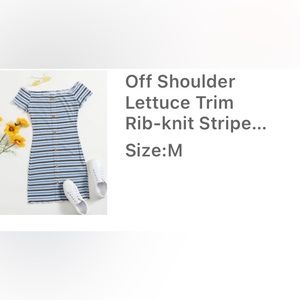 Off shoulder blue + white striped short sleeve dress